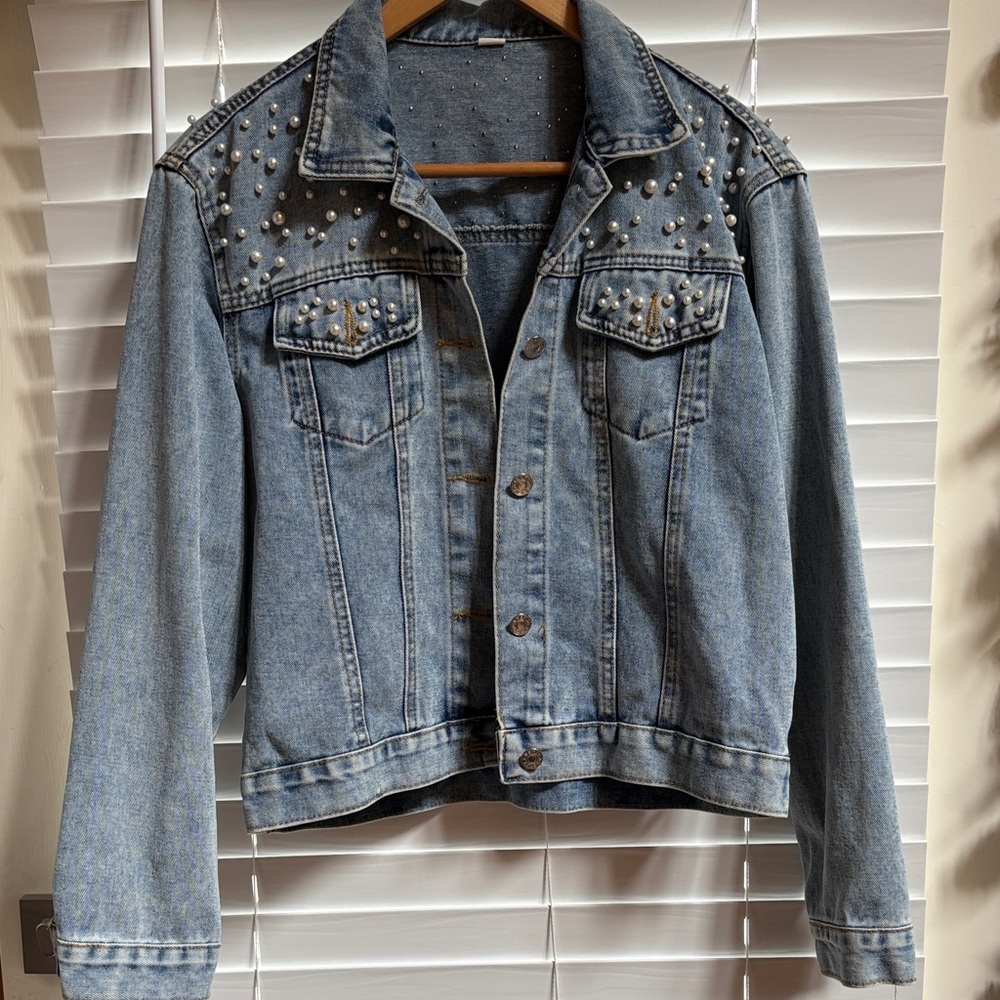 Women's Denim Jacket with Pearl Embellishments